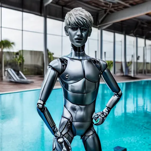 Image similar to a realistic detailed photo of a guy who is an attractive humanoid who is half robot and half humanoid, who is a male android, soccer player martin ødegaard, shiny skin, posing like a statue, blank stare, by the pool, on display, showing off his muscles, humanoid robot, frozen ice statue