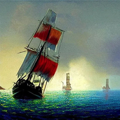 Prompt: A pirate on the high seas that has magical pearlescent shimmering see through sails, painting by John Harris, rainbow colored sails