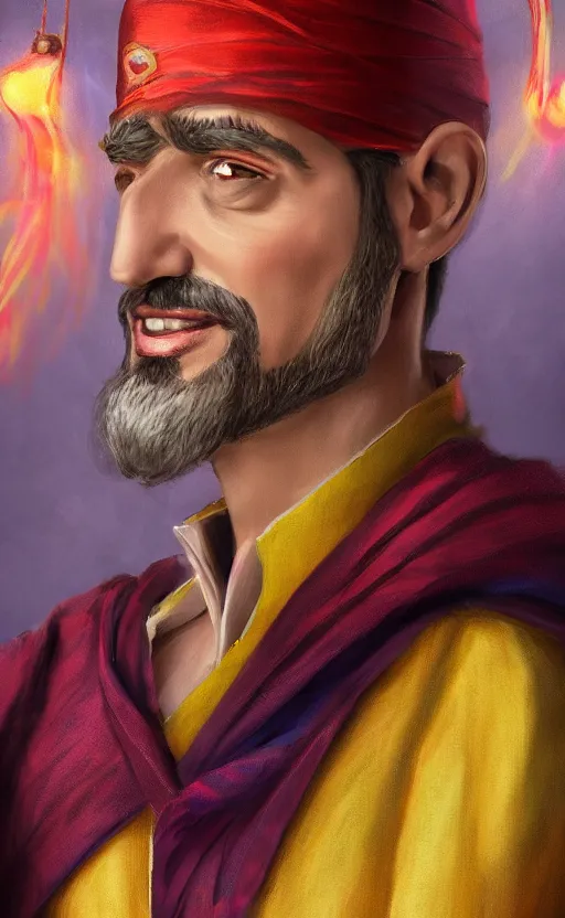 Prompt: a charming sorcerer tailor of middle - eastern descent, dressed in fine colorful robes and sporting a goatee, smirking, fantasy digital painting by barret frymire by artem priakhin, high resolution 4 k