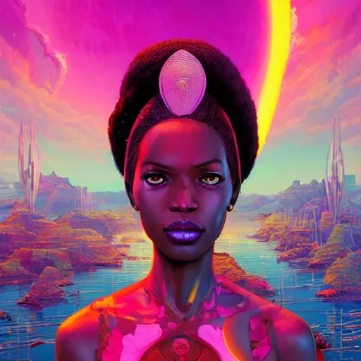 Image similar to african neon goddess, science fiction, highly detailed, digital painting, beautiful eyes, symmetry, concept art, sharp focus, illustration, global illumination, radiant light, synthwave colors, detailed and intricate environment, art by artgerm and greg rutkowski and magali villeneuve and ilya kuvshinov!