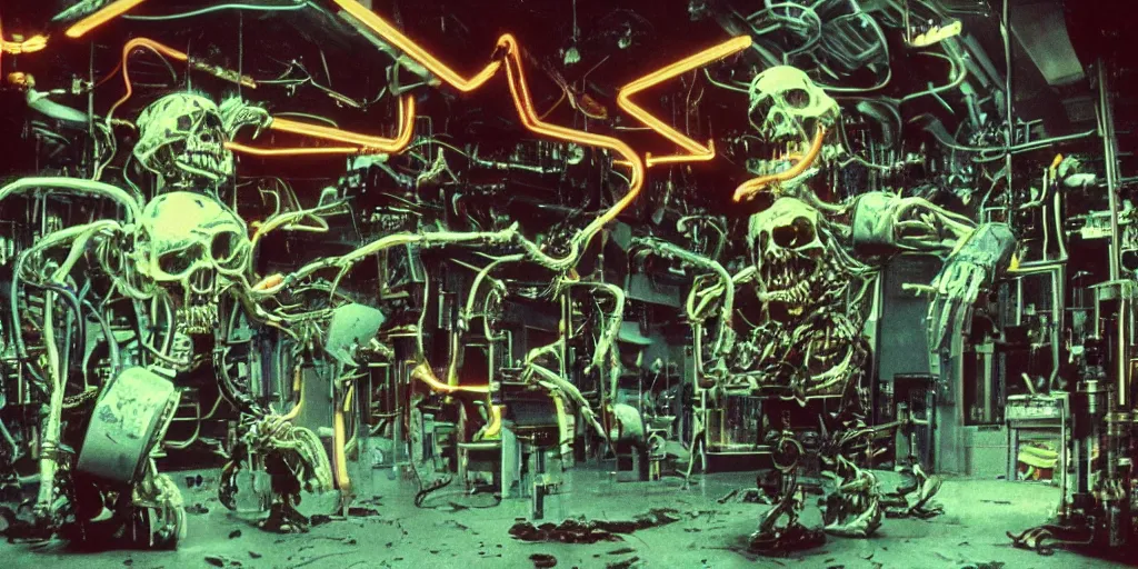 Image similar to a scary filmic wide shot color ground level angle movie still 35mm film photograph of the full body of a screaming and angry dangerous shape mechanical creature, with multiple sharp, leaking pistons, robot skulls and blades protruding from its lower torso inside of a 1970s science lab, neon lights, dirty, ektachrome photograph, volumetric lighting, f8 aperture, cinematic Eastman 5384 film