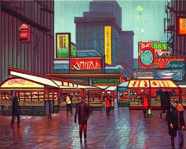 Image similar to street with food stands in a cyberpunk city on a rainy melancholy seattle night in 1 9 9 6 by de chirico