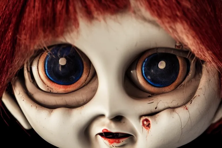 Image similar to a creepy doll with human eyes staring out at the viewer, horror movie 4 k