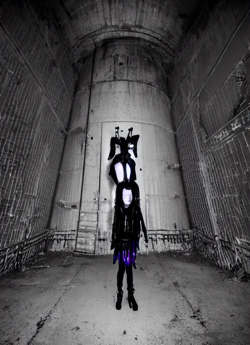 Prompt: found footage of goth rave in abandoned missle silo, ravers wearing ASYMMETRICAL CRYOTHERAPY black and white gradient isolation-hoods, STRAITJACKET straps and industrial hardware, cybergoth, designed by carol christian poell, ann demeulemeester and nancy grossman, 8k, hyperrealistic, highly textured, dark volumetric lighting, desaturated