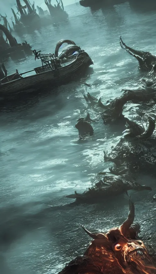 Prompt: man on boat crossing a body of water in hell with creatures in the water, sea of souls, with cryengine