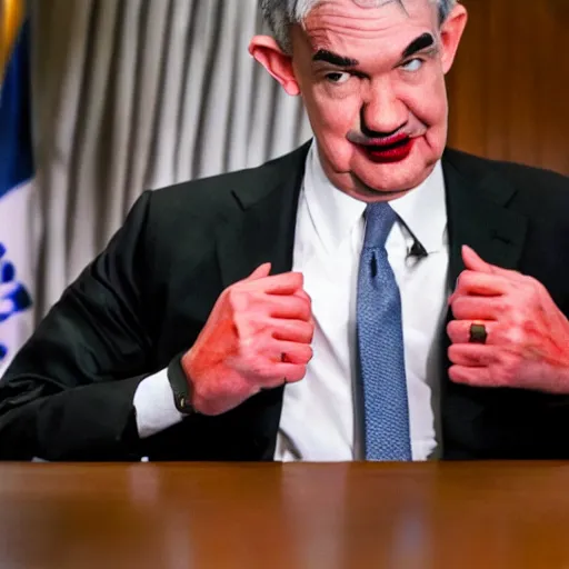 Image similar to photo of Jerome Powell with whiteface clown makeup using a flamethrower