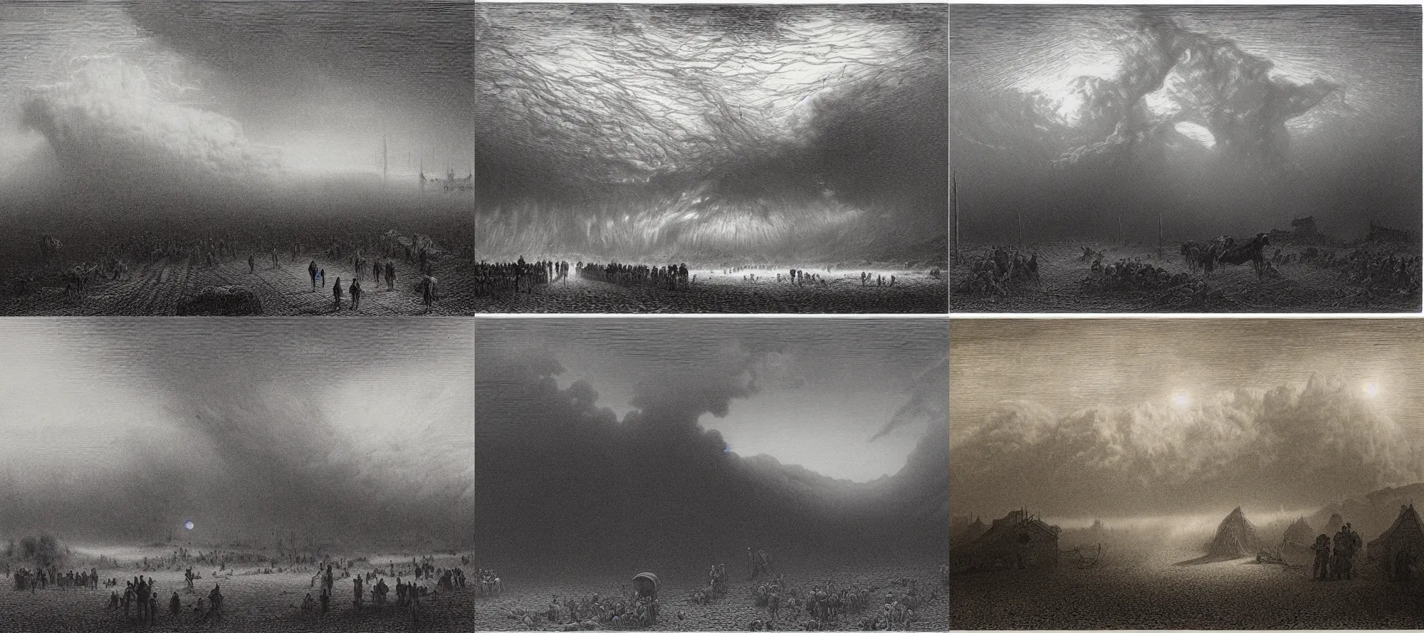 Prompt: an engraving a dust storm in texas by gustave dore, dust bowl, highly detailed, lithograph engraving