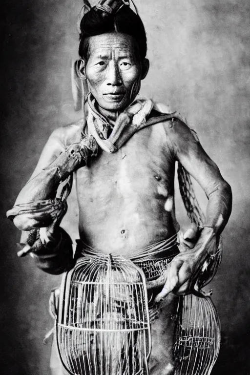 Prompt: ultra realistic vintage photo portrait of a tibetan man with a birdcage sunk in his flesh, by Annie Leibovitz,