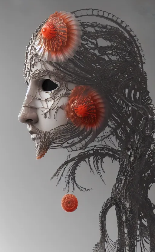 Image similar to intricate gothic girl mask, eagle coral, jelly fish, feathers, mandelbulb 3 d, fractal flame, octane render, cyborg, biomechanical, futuristic, by ernst haeckel