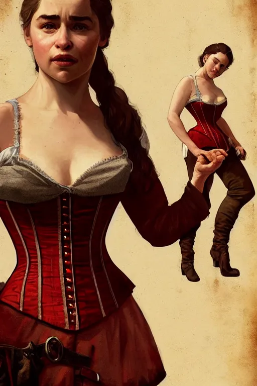 Image similar to Emilia Clarke in a 1800s American Corset in Red Dead Redemption anatomy, only two hands, highly detailed, digital painting, artstation, concept art, smooth, sharp focus, illustration, Unreal Engine 5, 8K, art by art by artgerm and greg rutkowski and edgar maxence