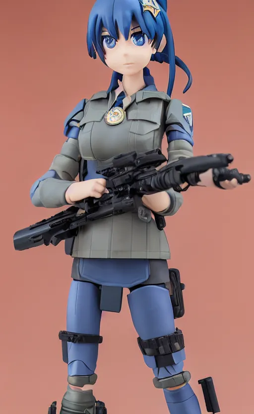 Image similar to toy photo, realistic face, school uniform, portrait of the action figure of a scifi soldier girl, anime character anatomy, small blue eyes, figma by good smile company, collection product, dirt and smoke background, flight squadron insignia, realistic military gear, 70mm lens, round elements, photo taken by professional photographer, trending on instagram, symbology, 4k resolution, low saturation, realistic military carrier