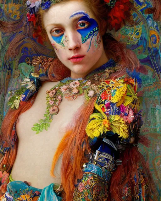 Image similar to a beautiful girl wearing colourful face paint surrounded by bright intricate patterns, by edgar maxence and caravaggio and michael whelan, intricate painting, hyper realistic, extremely detailed and beautiful aesthetic face, 8 k resolution