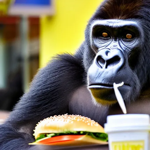 Prompt: realistic detailed sharp 35mm photo of a gorilla eating a burger at McDonald's