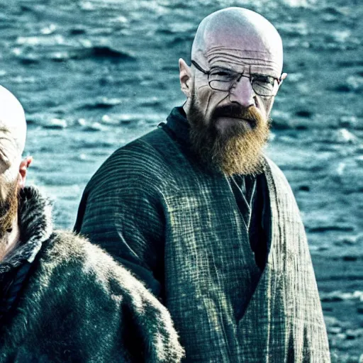 Prompt: Walter White fighting Ragnar Lathbrook in Vikings TV series.