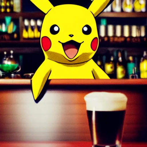 Image similar to pikachu sitting at the bar top of an Irish pub drinking beer