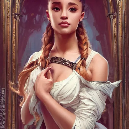 Image similar to painting of ariana grande, ultra realistic, concept art, intricate details, eerie, highly detailed, photorealistic, octane render, 8 k, unreal engine. art by artgerm and greg rutkowski and alphonse mucha