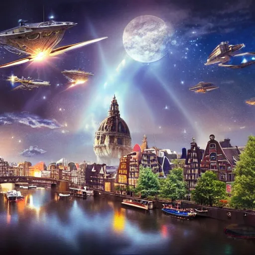 Prompt: city of amsterdam, millennium falcon in the sky, natural lighting, dreamy, on magic mashroom trip, intricate details, matte painting, illustration, by hayao miyazaki