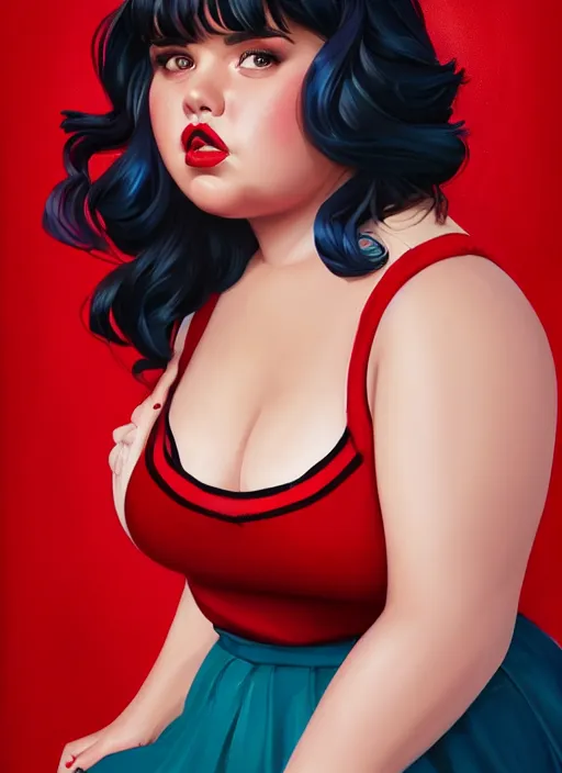 Image similar to full body portrait of teenage veronica lodge, obese, bangs, sultry, realistic, sultry smirk, wavy hair, red skirt, fat, belly, intricate, elegant, glowing lights, highly detailed, digital painting, artstation, concept art, smooth, sharp focus, illustration, art by wlop, mars ravelo and greg rutkowski