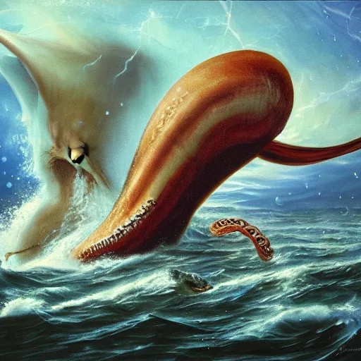 Image similar to full painting of the Nautilus fighting a giant squid in the middle of the ocean during a storm made by Jeff Easley and Peter Elson + realistic animal, + galaxy + gothic, surreal, dread + highly detailed, intricate complexity, epic composition, magical atmosphere + masterpiece, award winning + trending on artstation,