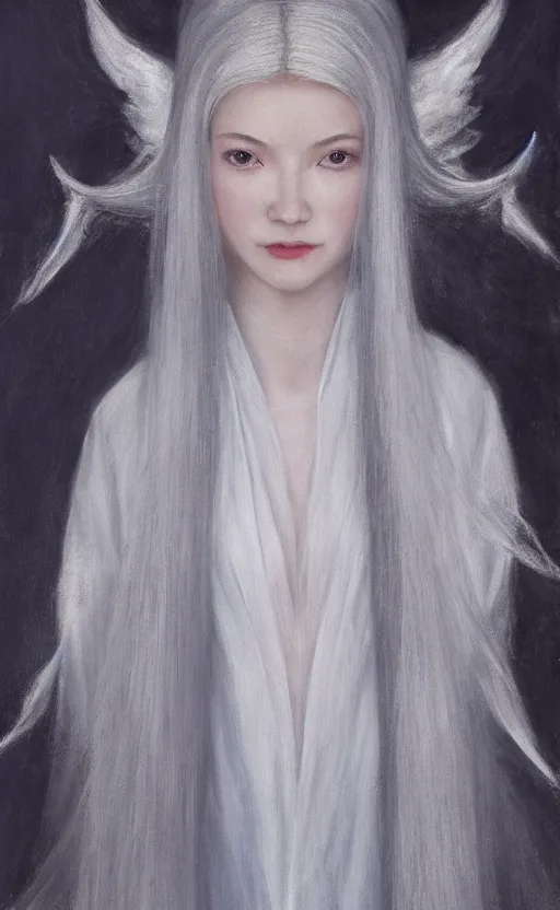 Image similar to angel with silver hair so pale and wan! and thin!?, flowing robes, covered in robes, lone pale asian goddess, wearing robes of silver, flowing, pale skin, young cute face, covered!!, clothed!! lucien levy - dhurmer, jean deville, oil on canvas, 4 k resolution, aesthetic!, mystery