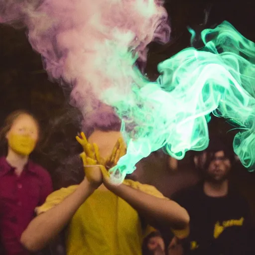 Image similar to astral man blowing yellow smoke, intoxicating a group of people