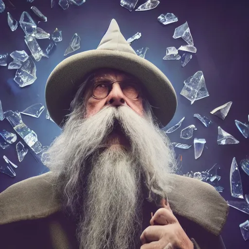 Prompt: old wizard surrounded by crystal shards, 8 k photography