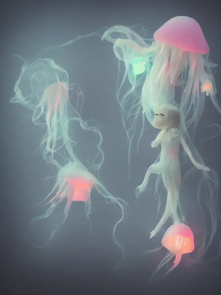 Image similar to cute fumo plush smiling ectoplasmic gothic jellyfish ghost girl, dancing on a foggy riverbank, glowing wisps of hazy smoke, lens flare, vignette, refraction, vray
