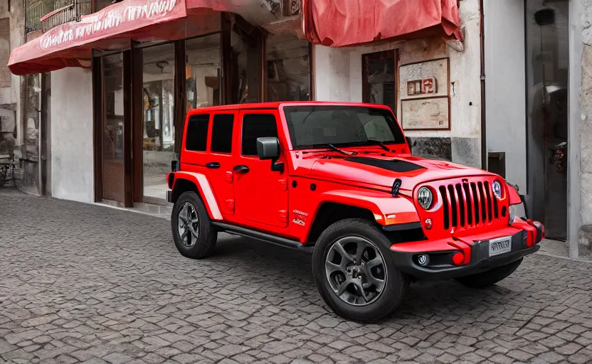 Image similar to Abstract Jeep Wrangler inspired by Italian pizza sauce, in front of a pizza shop in Italy, 4k photography