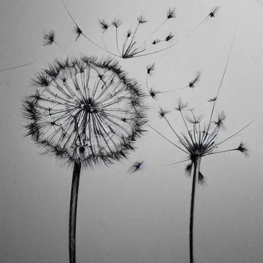 Image similar to pencil drawing of dandelion seeds blowing in the wind