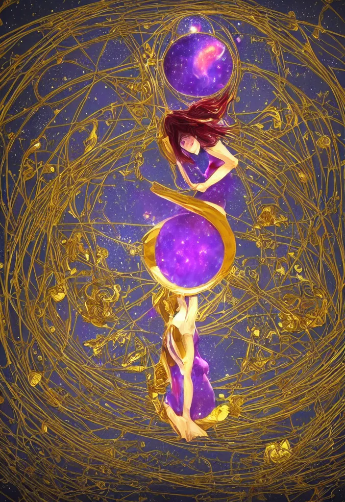 Prompt: a woman trapped in s giant celestial hourglass made of gold magical, fantasy, trending on artstation, digital art.