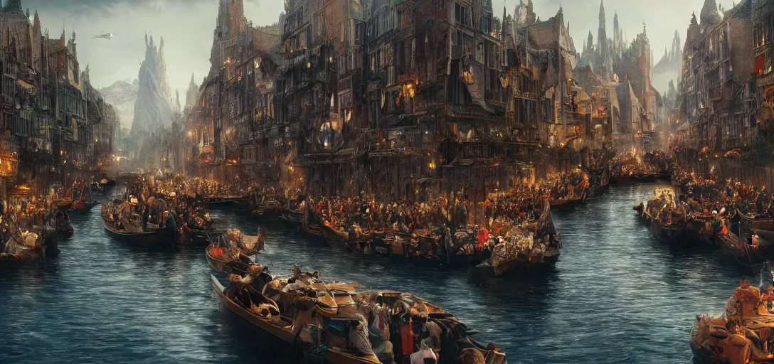 Prompt: cinematic, panorama, middle - earth marketplace canal with boats and dozens of people, sharp focus, wideshot ultrawide angle epic scale, dynamic dramatic ighting, shadows, cinematic atmosphere, artstation, hyperrealistic 3 d digital art, octane render, 8 k 4 k uhd image