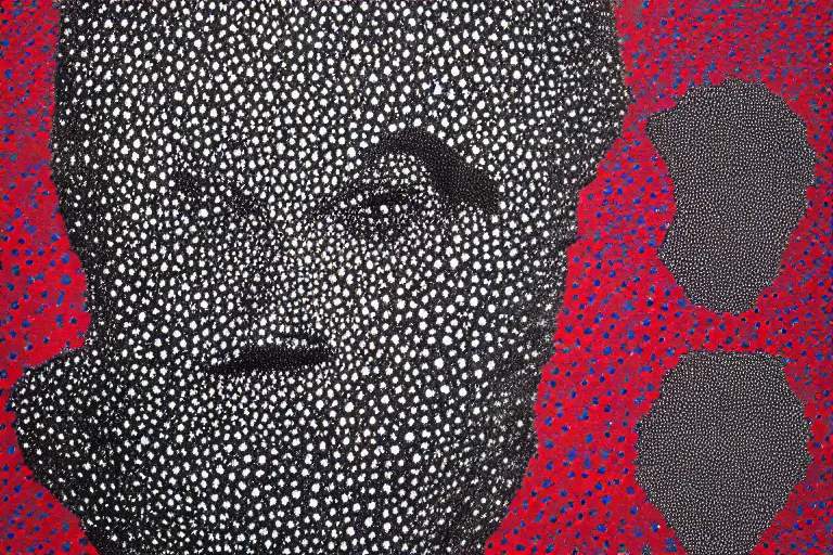 Image similar to face made out of mist, faceless people dark, dots, drip, stipple, pointillism, technical, abstract, minimal, style of francis bacon, asymmetry, pulled apart, cloak, hooded figure, made of dots, abstract, balaclava, red dots