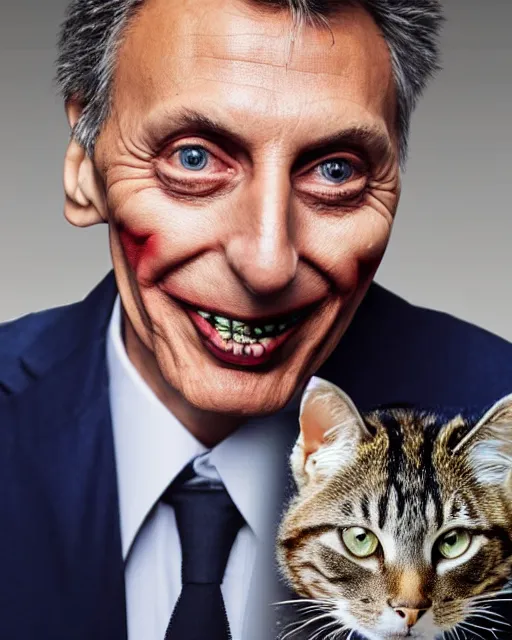 Prompt: Mauricio Macri in Elaborate Joker Makeup and prosthetics designed by Rick Baker, Hyperreal, Head Shots Photographed in the Style of Annie Leibovitz, Studio Lighting, Mauricio Macri with a cat in his hand