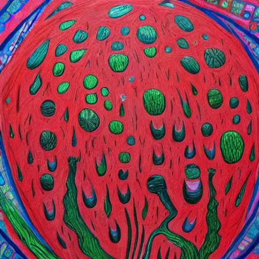 Image similar to drawing of nature after humanity has been extinct outsider art style red ballpoint pen