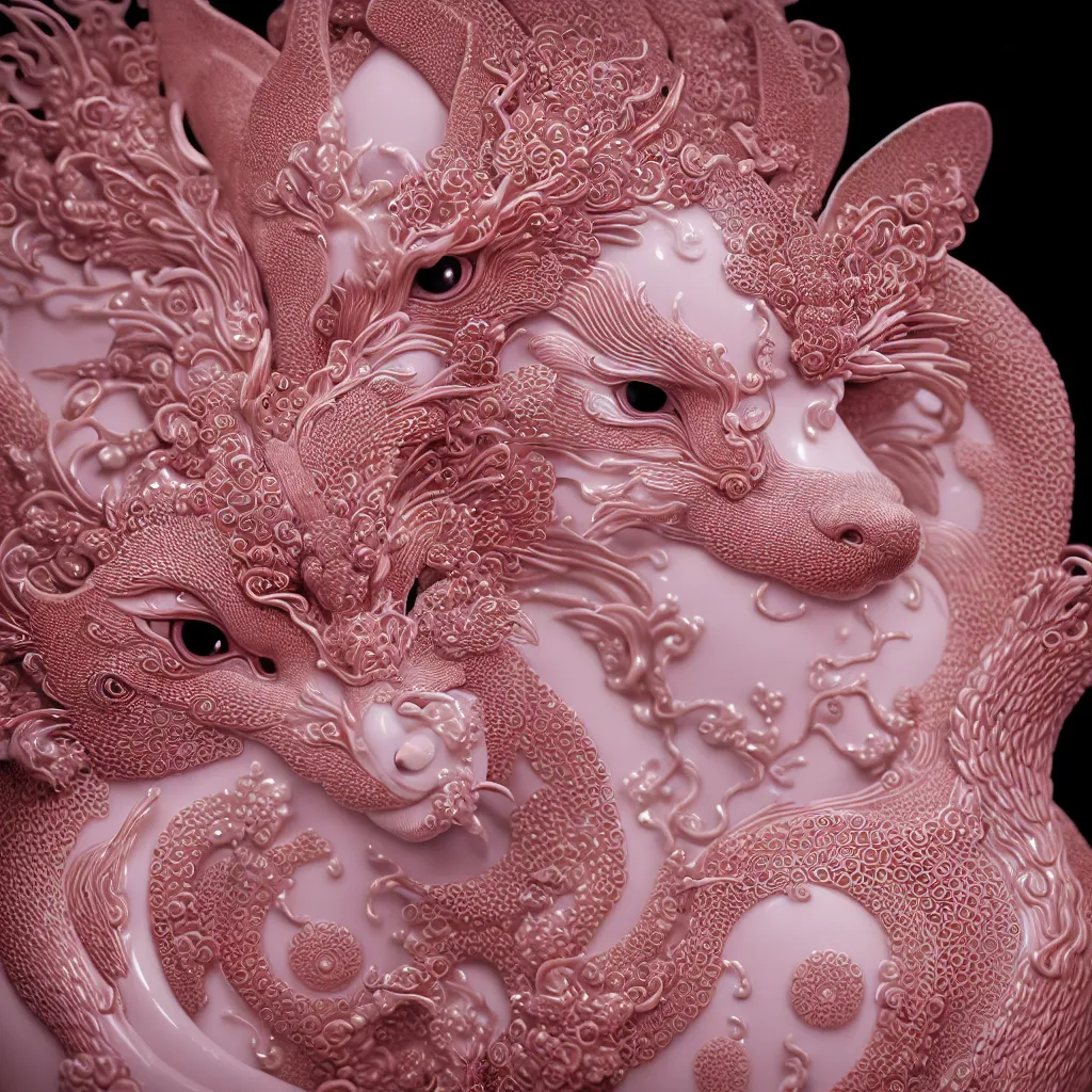 Prompt: A Close up photo-real delicate ceramic porcelain sculpture of an ornate detailed kitsune in front of a intricate background by Victo Ngai and takato yamamoto, micro detail, backlit lighting, subsurface scattering, translucent, thin porcelain, octane renderer, neon lights, hot Pink and Black, physically based rendering, japanese pottery, trending on cgsociety