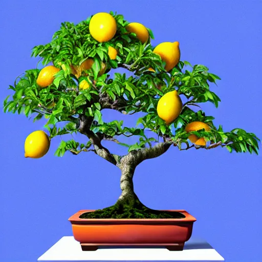 Image similar to bonsai fruit tree with lemons!! but minimalistic concept art by frank stella gilleard james whalen tom, colorful, soft light, trending on artstation, minimalism