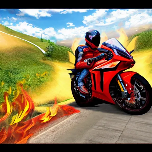 Image similar to new aesthetic and fast motorcycle. Flaming roads. photo realistic. high details. race. hyper realistic. oil painting