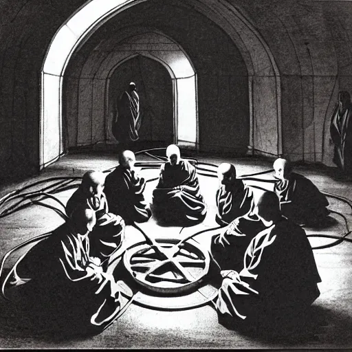 Image similar to 5 monks kneeling in a circle with wires coming out of the back of their heads connecting them to a computer in the center, dark shadowy surroundings, dystopian scifi, horror