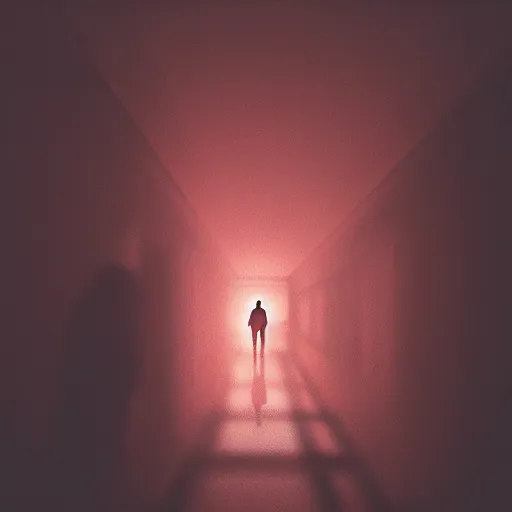 Prompt: silhouette of a man standing on a dark hallway, red light on the behind of the man, creepy atmospheric, unreal engine fantasy art, 8k, trending on artstation, realistic
