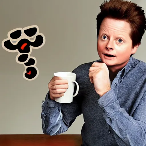 Image similar to Michael J Fox drinking holding mug with a poop emoji