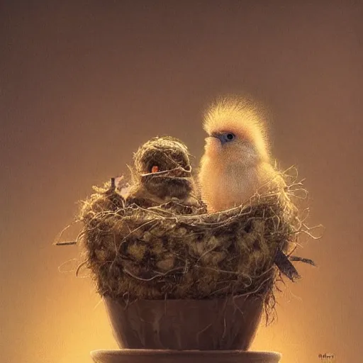 Image similar to long shot of a very fluffy sparrow chick nesting in a floral cup, esao andrews, by m. w. kaluta, by artgerm, humorous illustration, hyperrealistic, tilt shift, warm colors, night scenery, low light, 3 d octane render, 4 k, volumetric lights, smooth, cosy atmosphere, conceptart, hyperdetailed, trending on deviantart