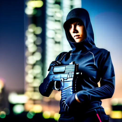 Image similar to photographic portrait of a techwear woman holding a Glock 18, closeup, on the rooftop of a futuristic city at night, sigma 85mm f/1.4, 4k, depth of field, high resolution, full color, award winning photography