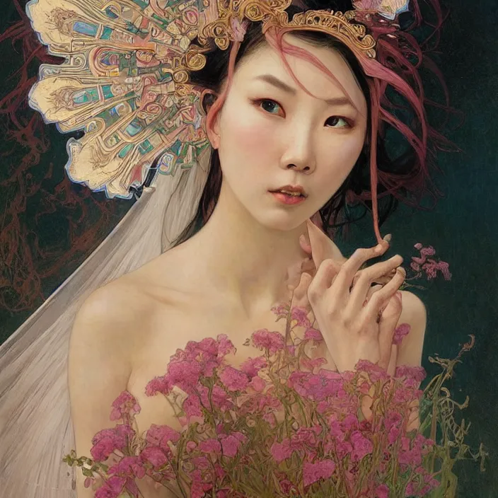 Image similar to A portrait of The bride in a Chinese wedding by Ross Tran!!! and alphonse mucha and greg rutkowski! and Gustave Doré!! and Zdzisław Beksiński!,In style of Impressionism.Symmetry.Highly detailed face.Fantasy,smooth,hyper detailed,sharp focus,Soft light.trending on artstation.oil on canvas