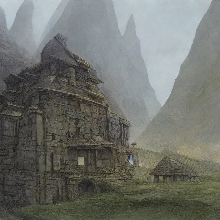 Prompt: a building in a landscape, by john howe