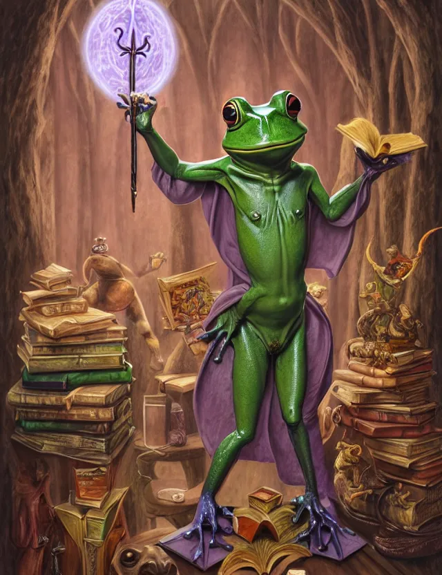 Prompt: anthropomorphic bipedal frog that is dressed as a medieval librarian, and holding a wand while casting a magic spell, as a matte oil painting and d & d character art, by alex grey, standing, fullbody, books, pages, concept art, award - winning, extremely detailed, sharp focus