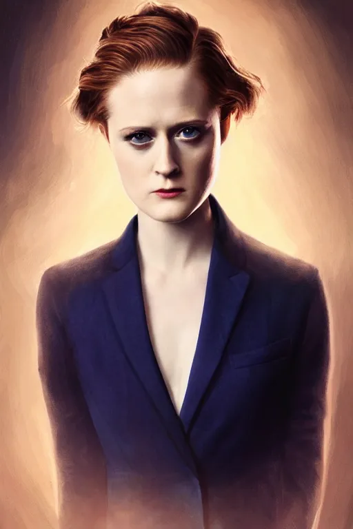 Image similar to majestic and regal portait of evan rachel wood wearing a navy blue pantsuit, dark brown straight hair, dystopian, beautiful, intricate, epic, elegant, highly detailed, digital painting, hard focus, beautiful volumetric lighting, epic light, ultra detailed, by leesha hannigan, ross tran, thierry doizon, kai carpenter, ignacio fernandez rios