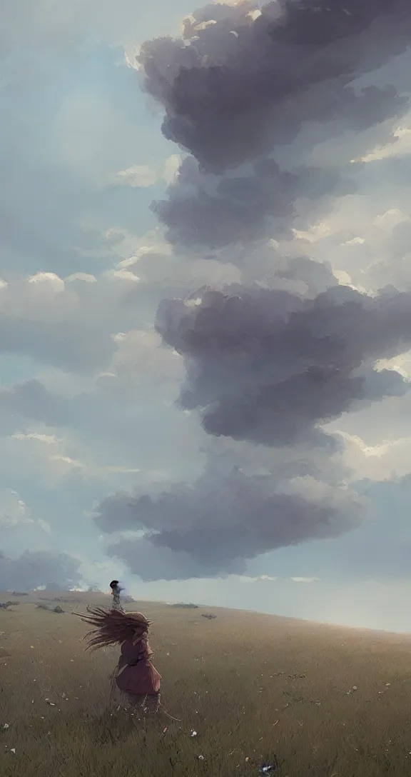 Prompt: A thunderstorm in the prairie, by Studio Ghibli and Greg Rutkowski, artstation