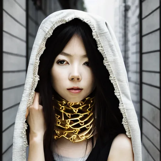 Prompt: japanese female balaclava with golden necklace, photo portrait, beautiful female model