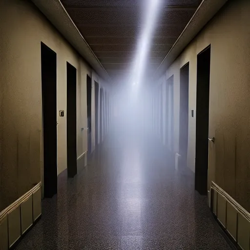 Image similar to dolly zoom stretch shot of a impossibly long hallway, moody lighting, smoke effects, strobe lights, particle effects, atmospheric - h 6 4 0