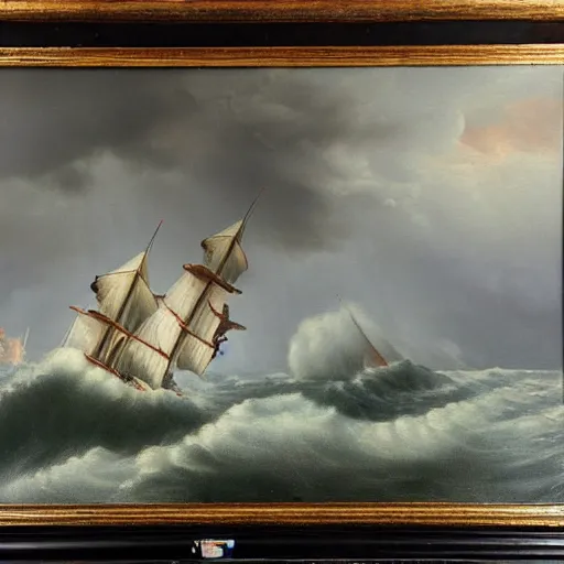 Prompt: dutch master style oil painting of a stormy night at sea, high art